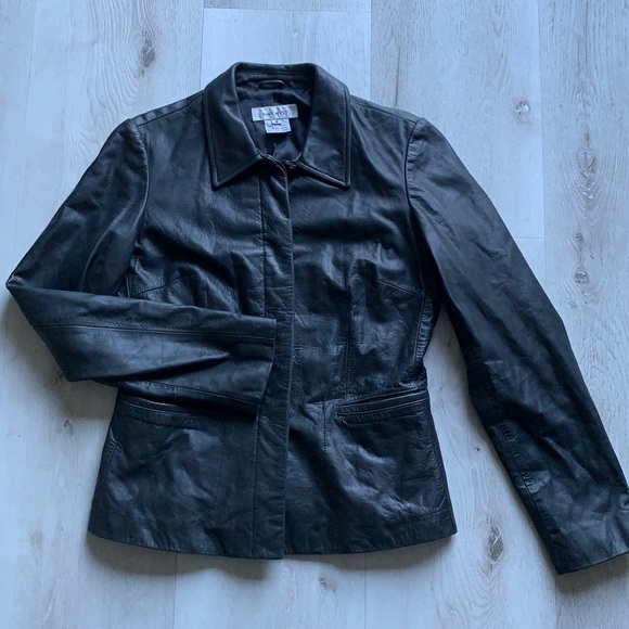 Vintage Leather Blazer Jacket Nine West black charcoal size 4 classic buttons